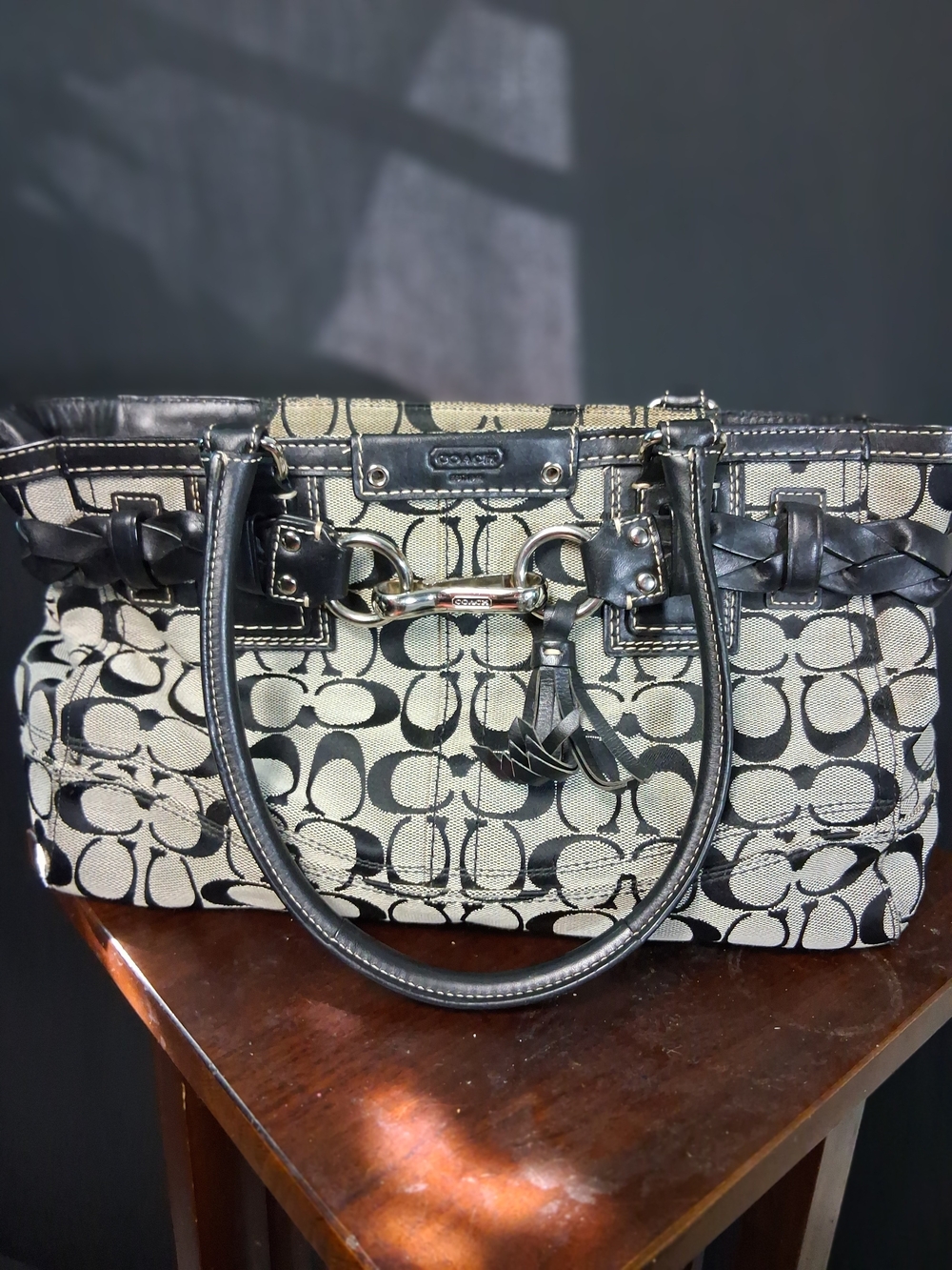 Coach Black & Cream Signature Canvas Tote with Braided Leather Trim